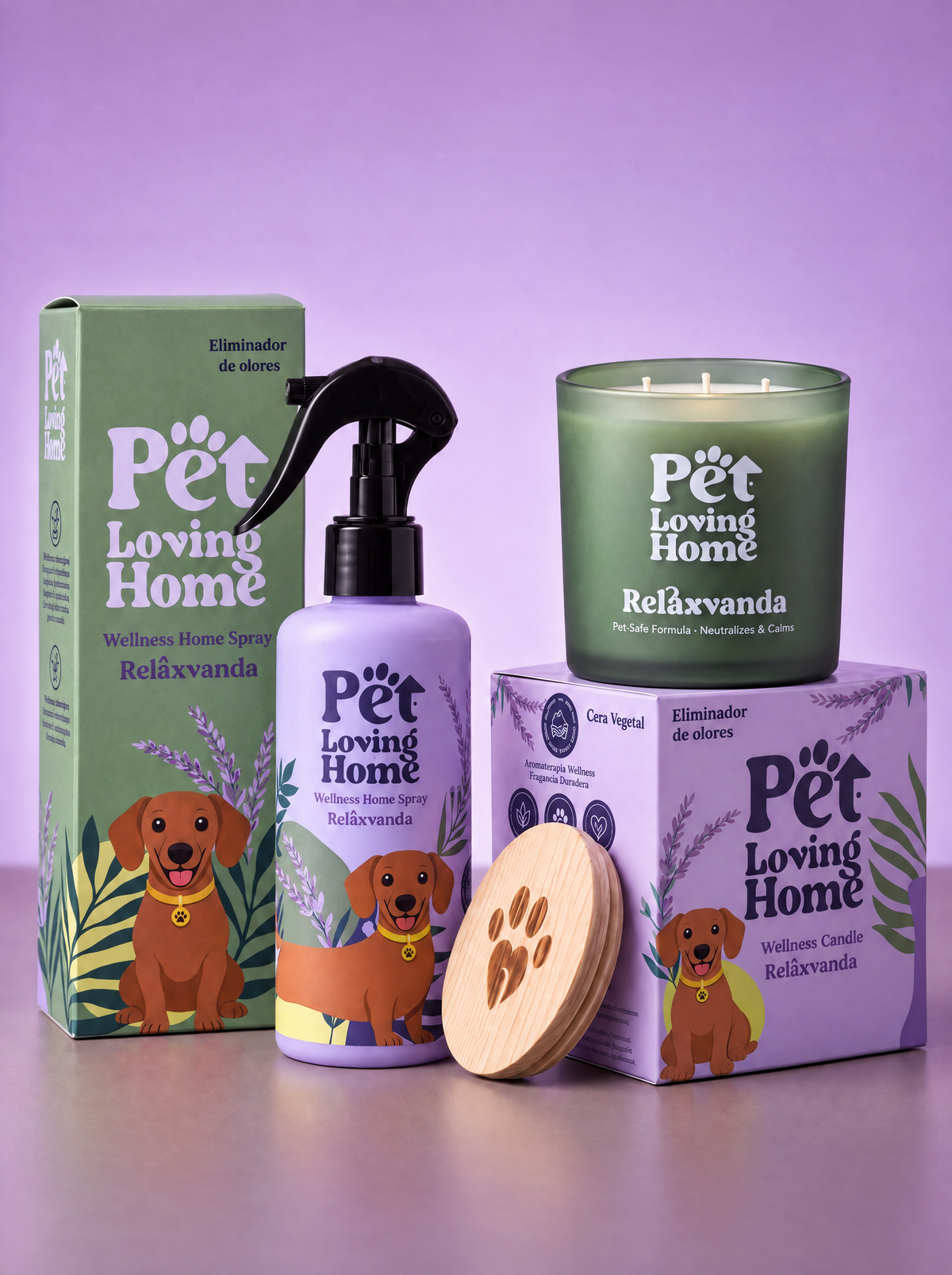 Pack Relaxvanda Pet Loving Home con packaging — spray lavanda con caja verde y vela aromática con caja lila, set regalo completo con tapa de madera