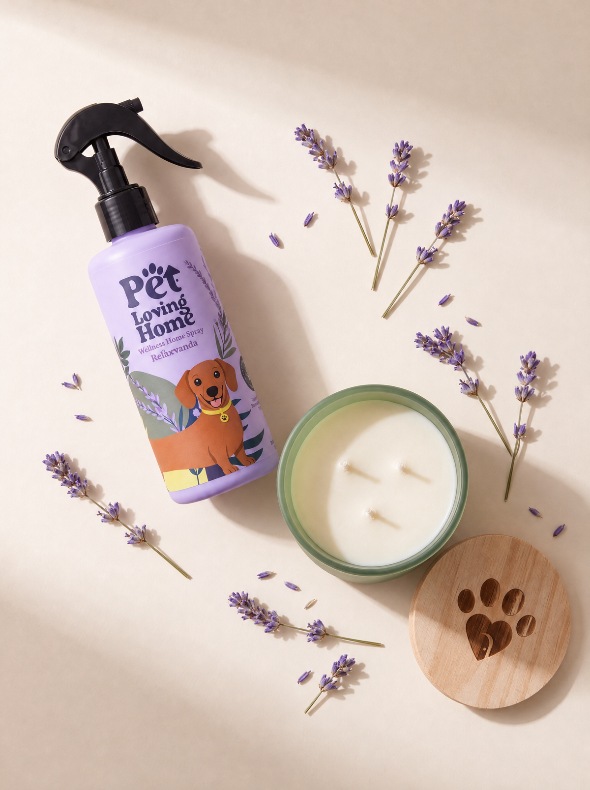 Pack Relaxvanda Pet Loving Home vista cenital — spray lavanda y vela aromática abierta con tapa de madera sobre fondo crema con ramas de lavanda
