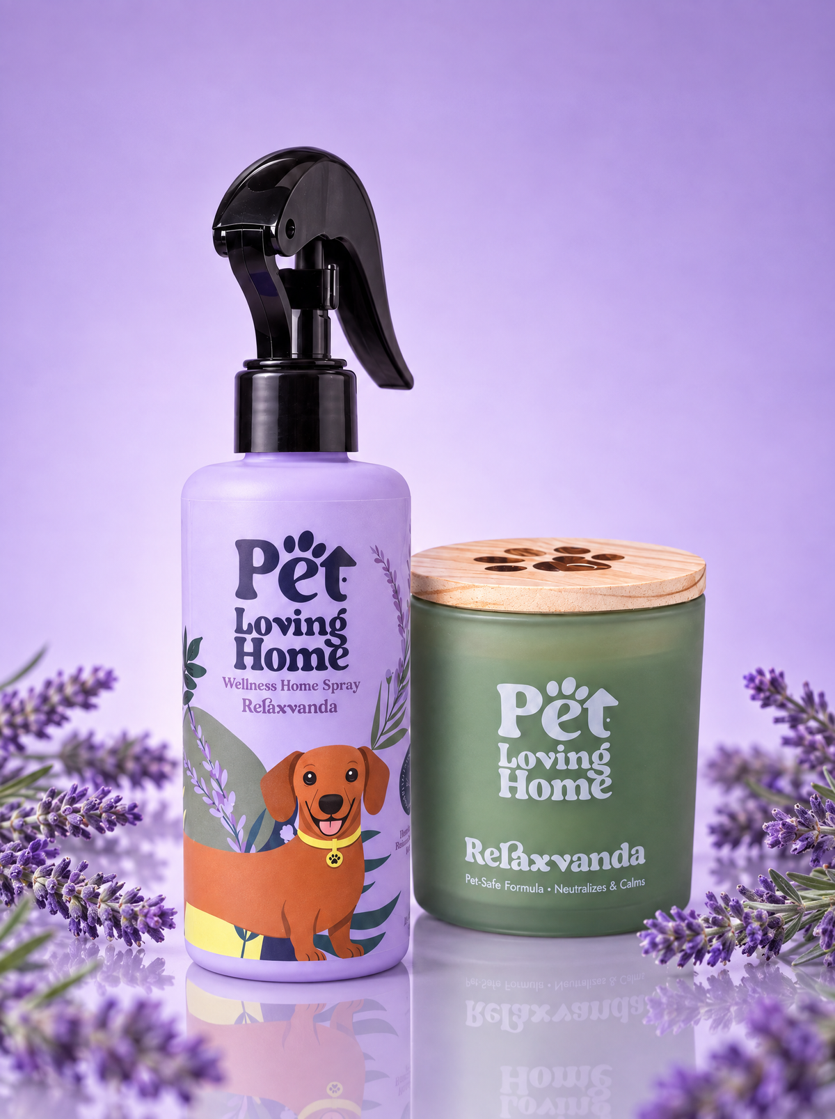 Pack Relaxvanda Pet Loving Home editorial — vela aromática lavanda y spray ambientador lila sobre fondo lavanda con ramas de lavanda natural