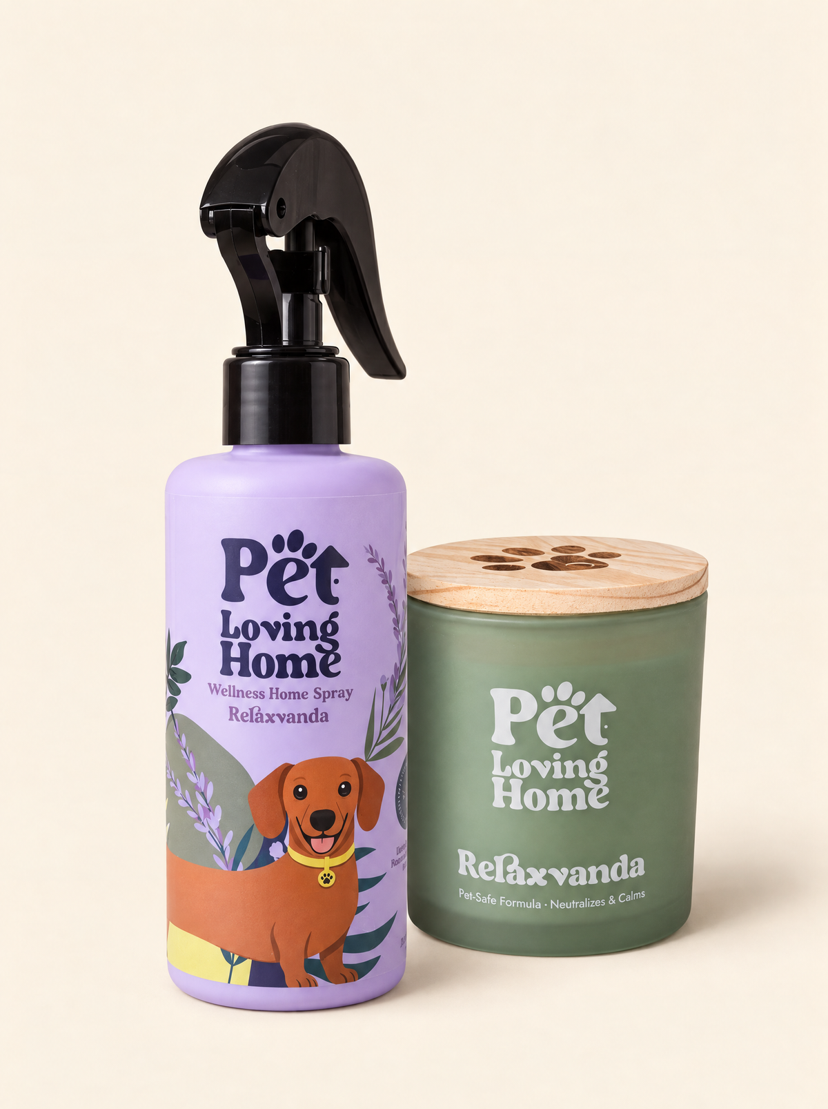 Pack Relaxvanda Pet Loving Home — vela aromática de lavanda en vaso verde con tapa de madera y spray ambientador lavanda lila, set regalo bienestar mascotas