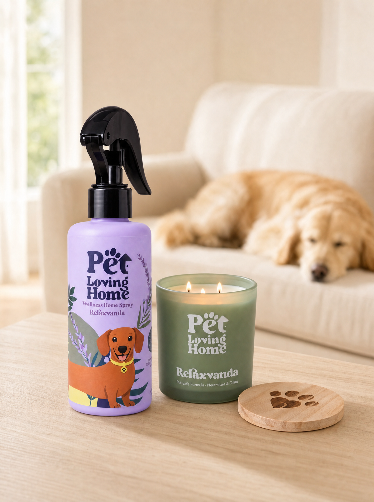 Pack Relaxvanda Pet Loving Home en salón — vela aromática encendida y spray lavanda en mesa auxiliar con perro golden descansando en sofá de fondo